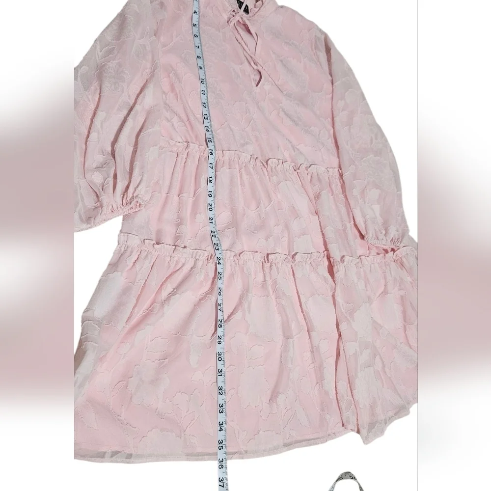 Eloquii Mini Pink Chiffon Tiered Ruffle Dress with Bow Neck Long Sleeve Boho